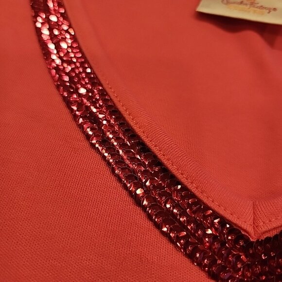 Quacker Factory 3x Pink T-Shirt Short Sleeve Sequin V-neck Cotton Blend - Picture 3 of 6